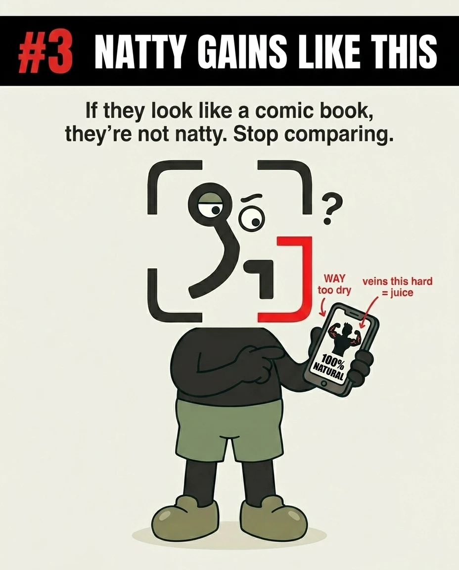The GainFrame mascot points quizzically at a smartphone displaying an unrealistically shredded physique labeled '100% natural,' emphasizing that cartoonish, ultra-veiny bodies are likely not achieved naturally.