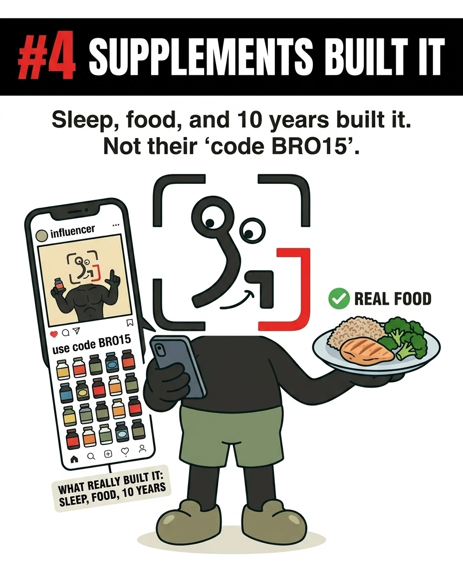 The GainFrame mascot holds a plate of chicken, broccoli, and rice while looking at an influencer's post selling supplements, showing that long-term consistency in sleep and real food builds muscle, not discount codes.
