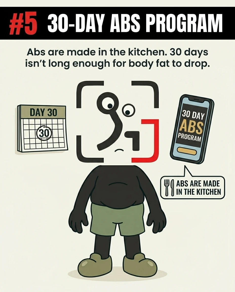 A slightly bloated GainFrame mascot stands sadly next to a calendar marked 'Day 30' and a phone advertising an abs program, demonstrating that visible abs require fat loss through diet over a longer period.
