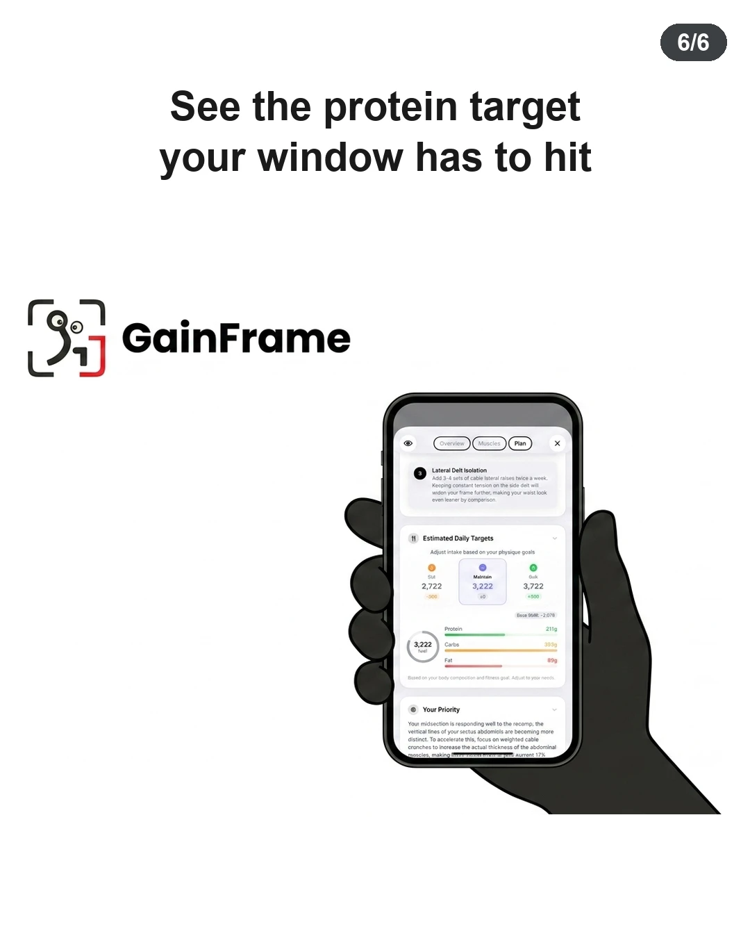 The GainFrame mascot holds a smartphone displaying daily calorie and protein target metrics within the GainFrame app interface.