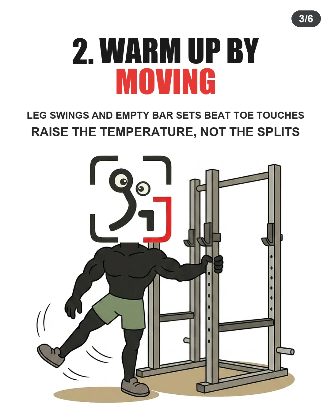 The GainFrame mascot holds onto a power rack while swinging a leg, showing how dynamic movement warms up the body.