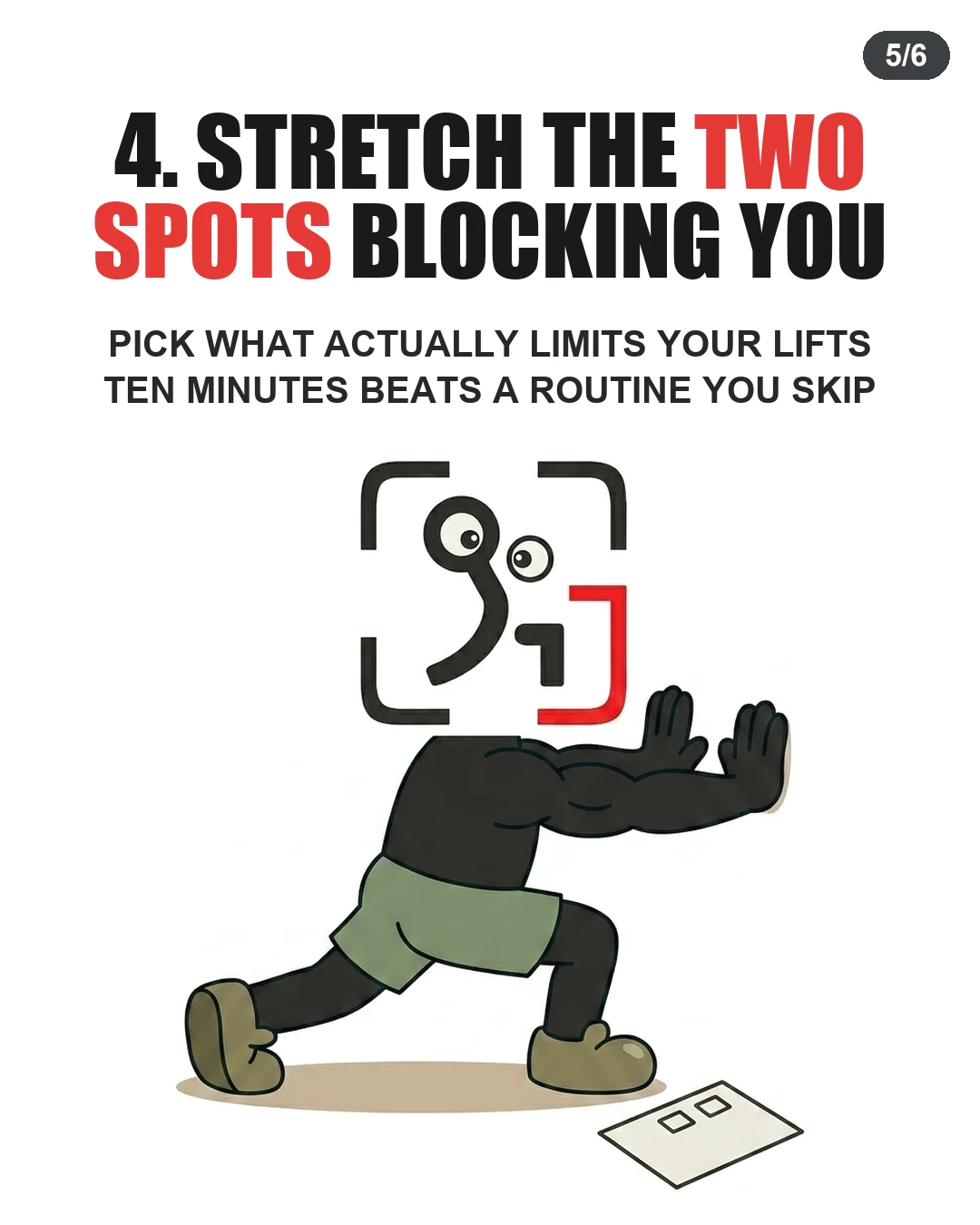 The GainFrame mascot performs a targeted calf stretch against a wall, demonstrating a focused mobility approach.