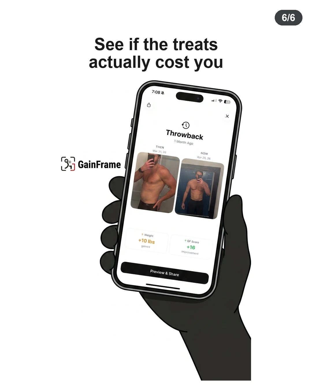 A hand holds a smartphone displaying fitness progress in the GainFrame app, showing how to track body composition while incorporating treats.