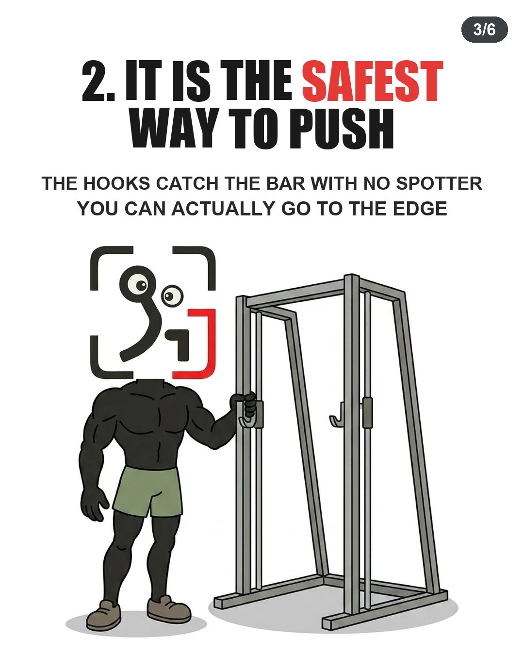 The GainFrame mascot rests a hand on a empty Smith machine frame, demonstrating how built-in hooks let lifters safely train to failure without a spotter.