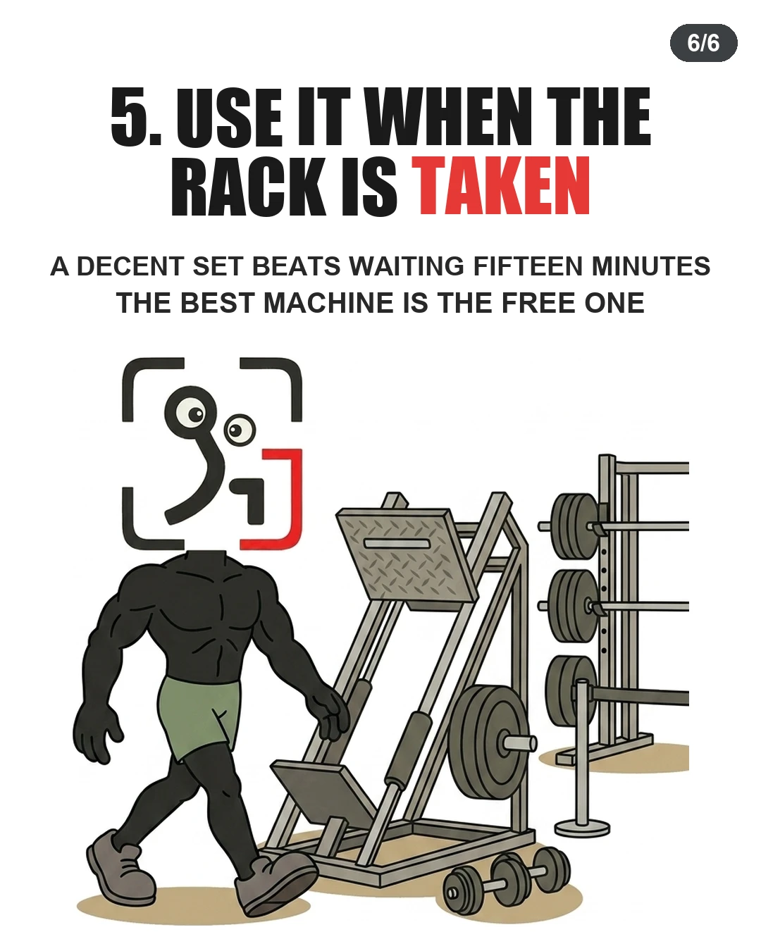 The GainFrame mascot walks towards available equipment, emphasizing that utilizing an open Smith machine is better than waiting around for a squat rack.