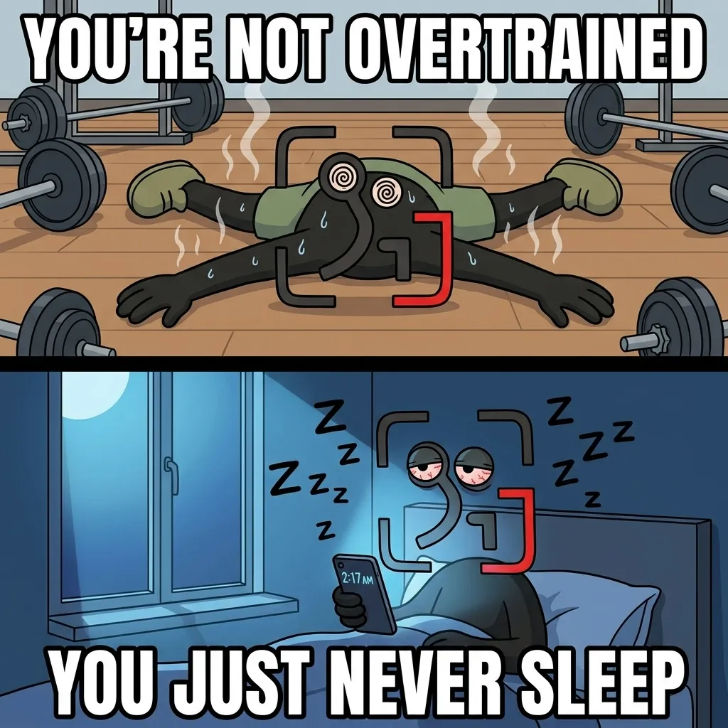 The GainFrame mascot lies exhausted on the gym floor in the top panel, while the bottom panel shows him awake in bed at 2:17 AM looking at his phone, showing that lack of sleep is mistaken for overtraining.