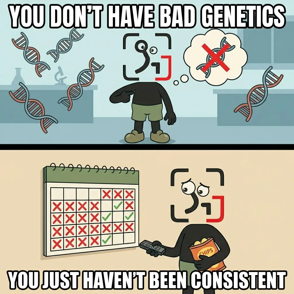 The GainFrame mascot blames genetics in a lab setting in the top panel, while the bottom panel shows him eating chips in front of a calendar filled with missed workouts, highlighting that inconsistency is the real issue.