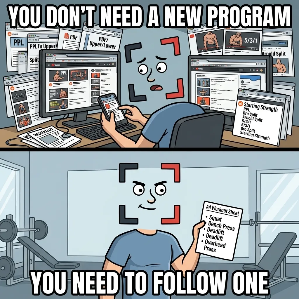 The GainFrame mascot is overwhelmed by dozens of workout programs on computer screens in the top panel, but holds a simple workout sheet in the gym in the bottom panel, emphasizing the need to stick to one routine.