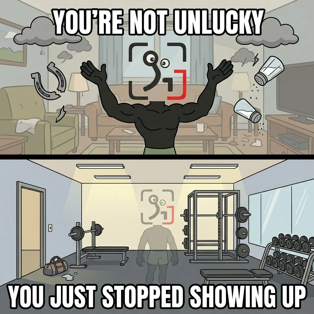 The GainFrame mascot shrugs under storm clouds and bad luck symbols in the top panel, while the bottom panel shows his ghost-like silhouette fading from an empty gym, showing that progress stops when you stop showing up.