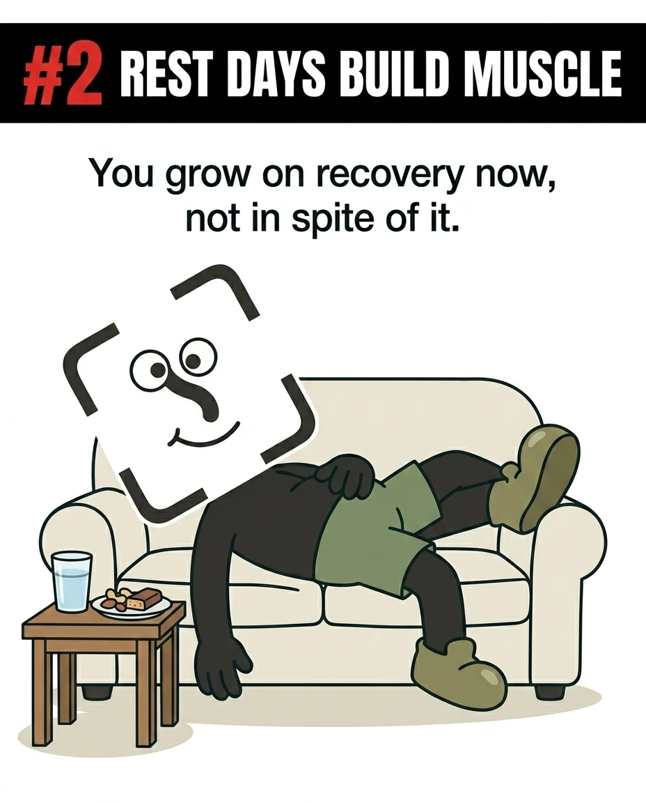 The GainFrame mascot rests comfortably on a couch with a glass of water and snacks nearby, emphasizing that recovery is when muscle growth actually happens.