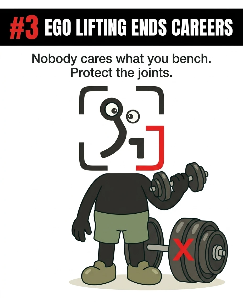 The GainFrame mascot lifts a light dumbbell while ignoring a heavy barbell marked with a red cross, highlighting the need to protect joints instead of ego lifting.