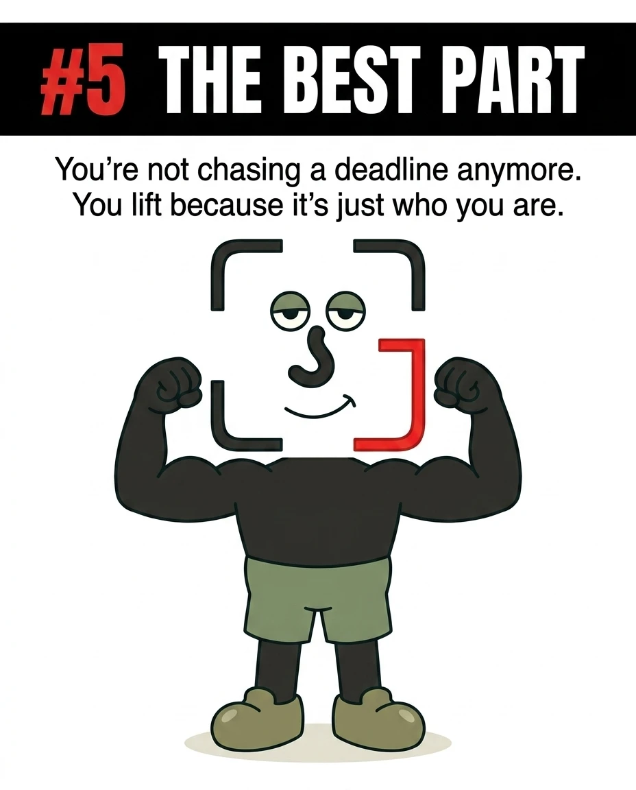 The GainFrame mascot smiles and flexes his muscles, showing that lifting in your 30s becomes a core part of your identity rather than a deadline-driven chore.