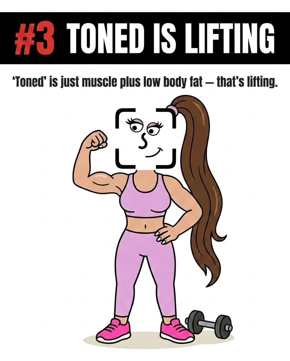The GainFrame mascot proudly flexes her toned arm next to a dumbbell, demonstrating that achieving a toned look comes from building muscle through lifting weights.