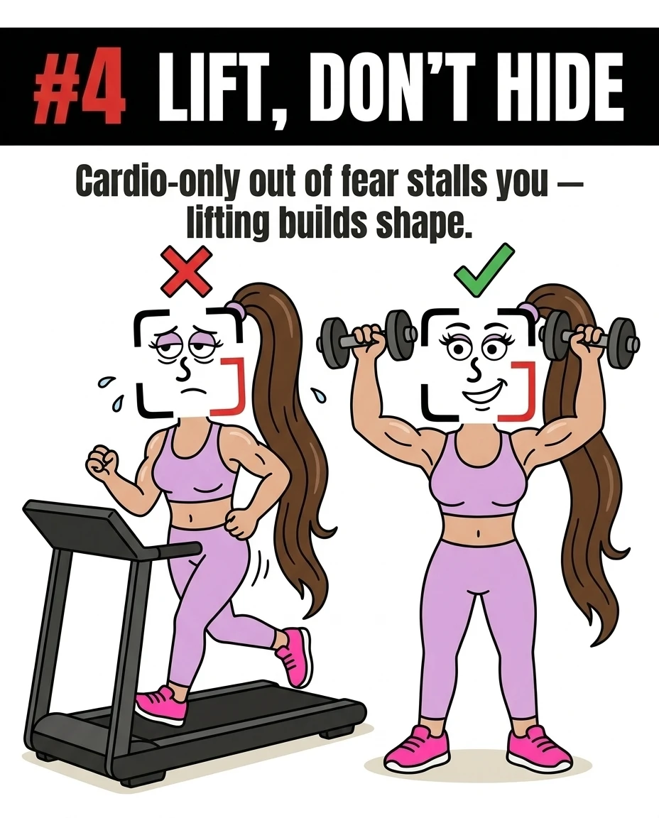 The GainFrame mascot is shown exhausted on a treadmill under a red cross, contrasted with her happily lifting dumbbells under a green checkmark, showing that lifting builds better body shape than cardio alone.