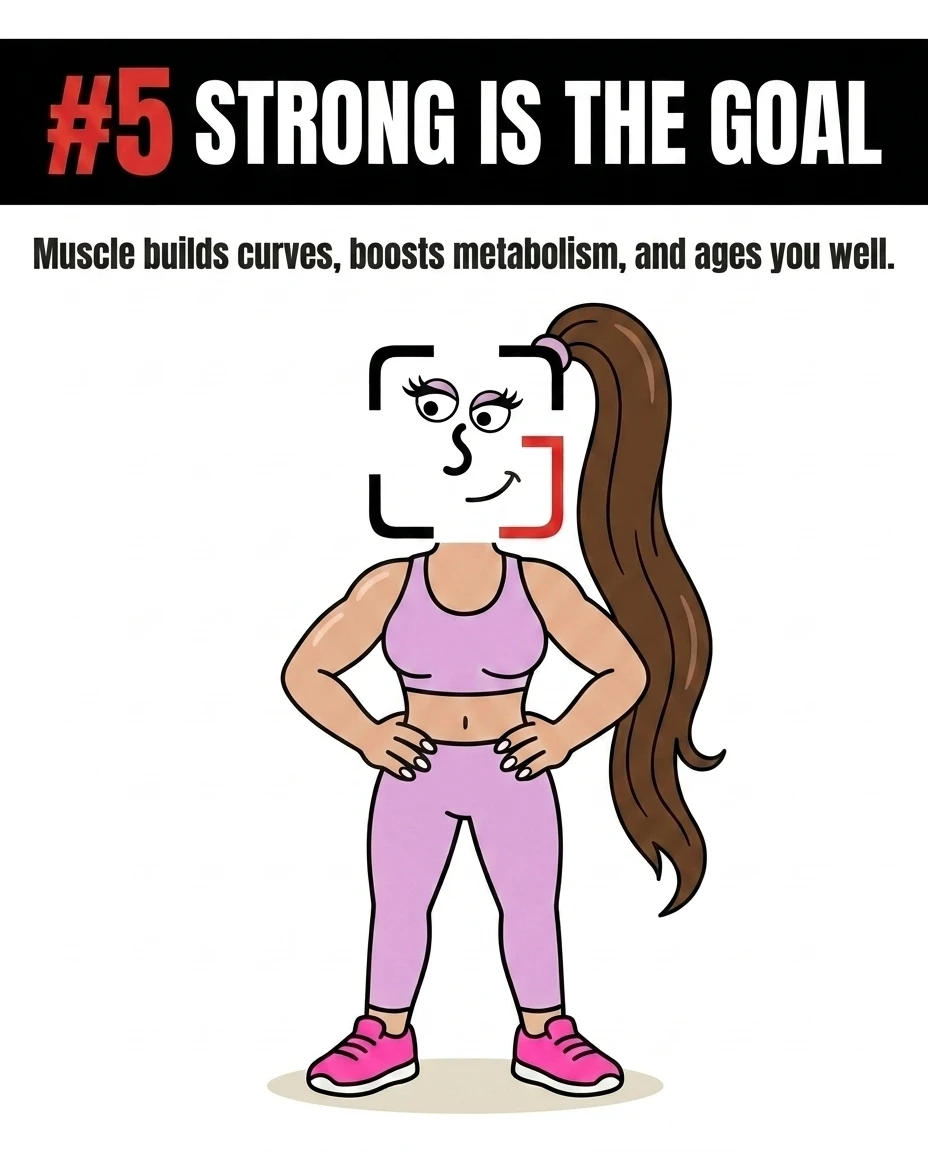 The GainFrame mascot stands confidently with hands on her hips, emphasizing that building muscle creates healthy curves, boosts metabolism, and supports healthy aging.