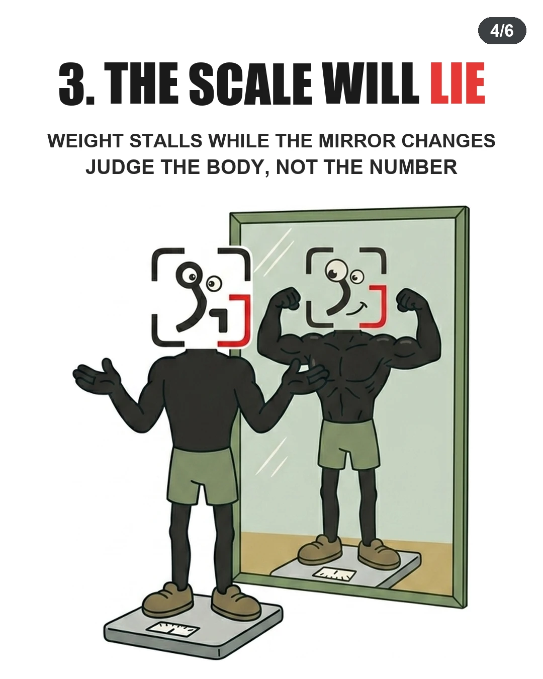 The GainFrame mascot stands on a scale looking confused, but the mirror reflection shows a lean, muscular physique, emphasizing that progress should be judged by appearance rather than weight.