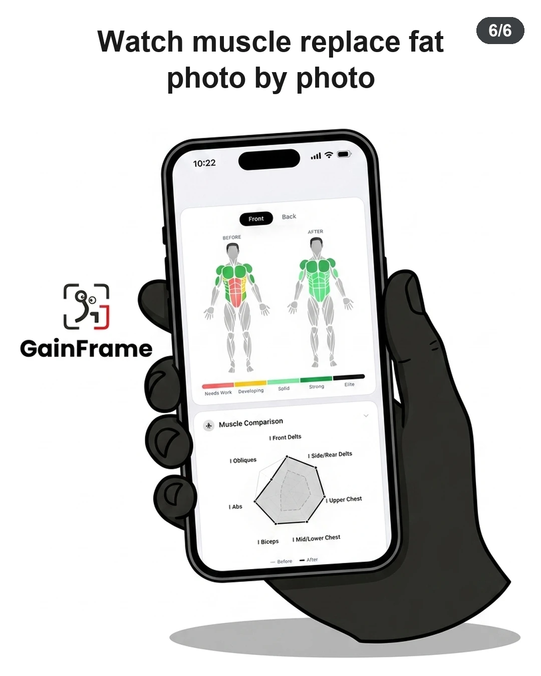 A hand holds a smartphone displaying the GainFrame app, which tracks muscle development and body recomposition progress over time using visual comparisons and charts.