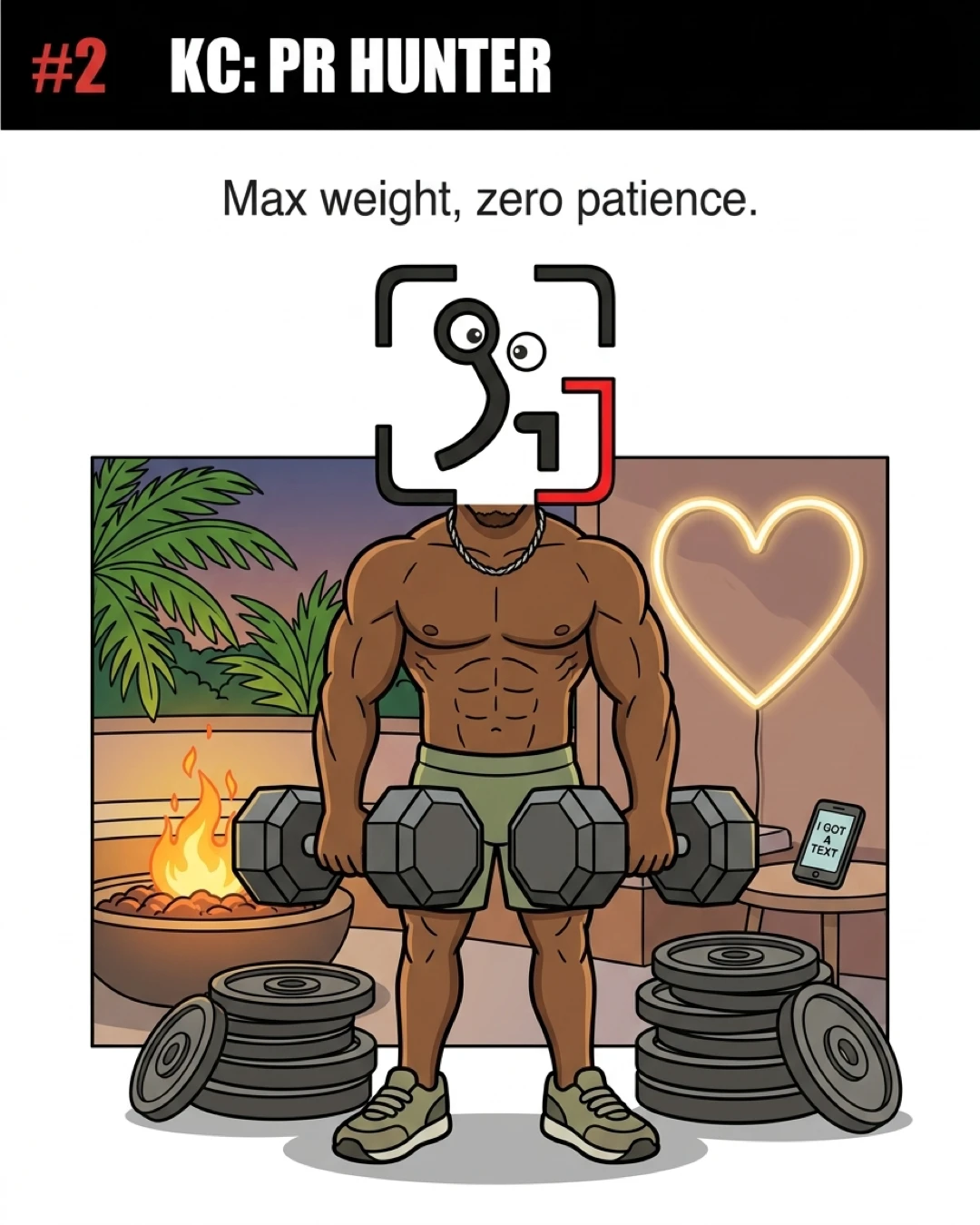 The GainFrame mascot, styled as KC, stands poolside holding heavy dumbbells with stacks of weight plates around him, highlighting his focus on lifting maximum weight.
