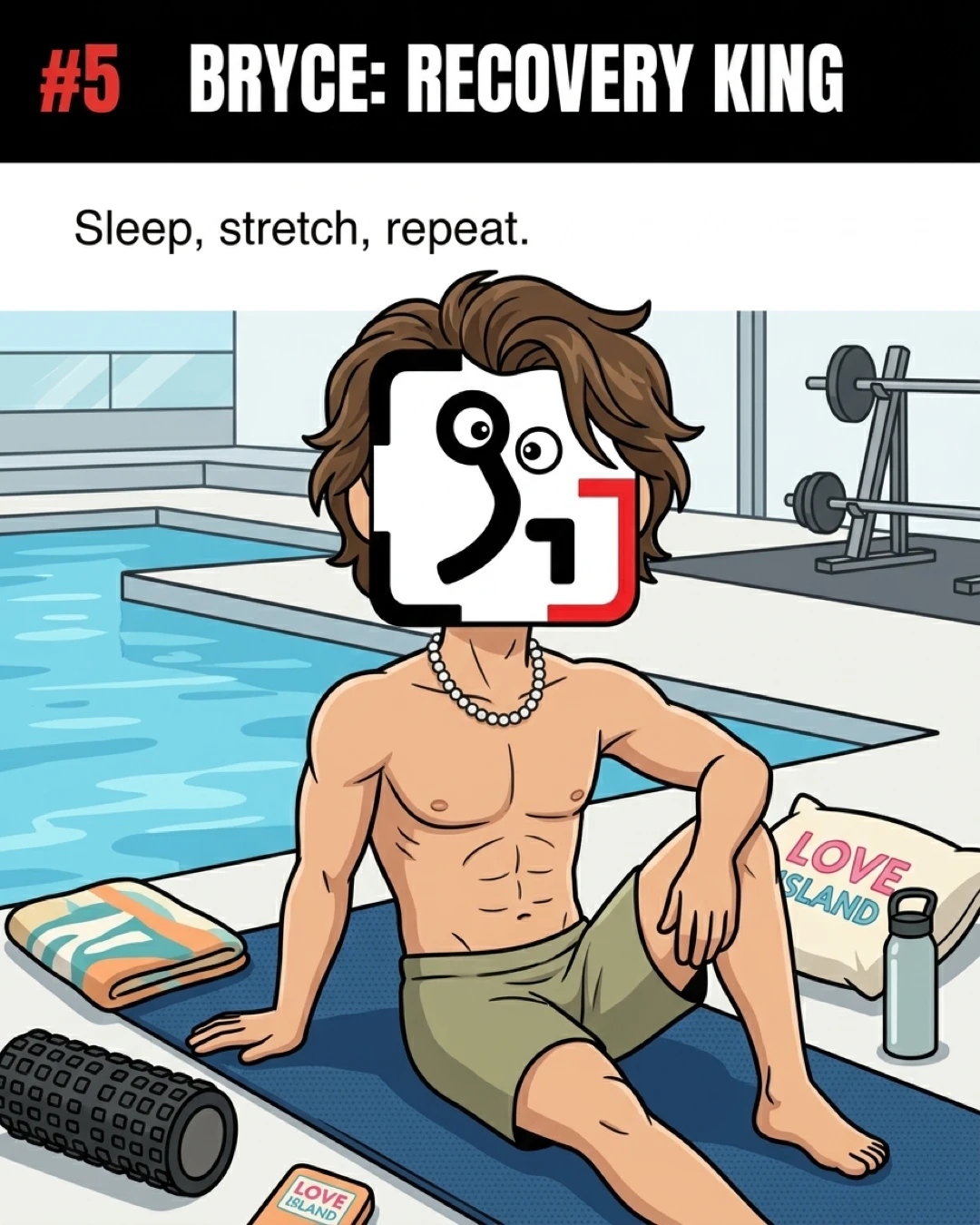 The GainFrame mascot, styled as Bryce, relaxes on a yoga mat poolside next to a foam roller and a water bottle, emphasizing the importance of recovery.