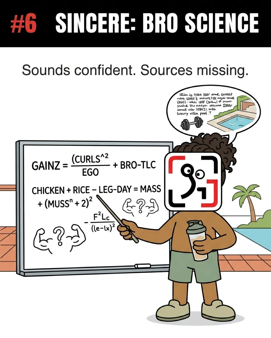 The GainFrame mascot, styled as Sincere, points to a whiteboard covered in humorous, pseudo-scientific fitness equations to illustrate the concept of 'bro science'.