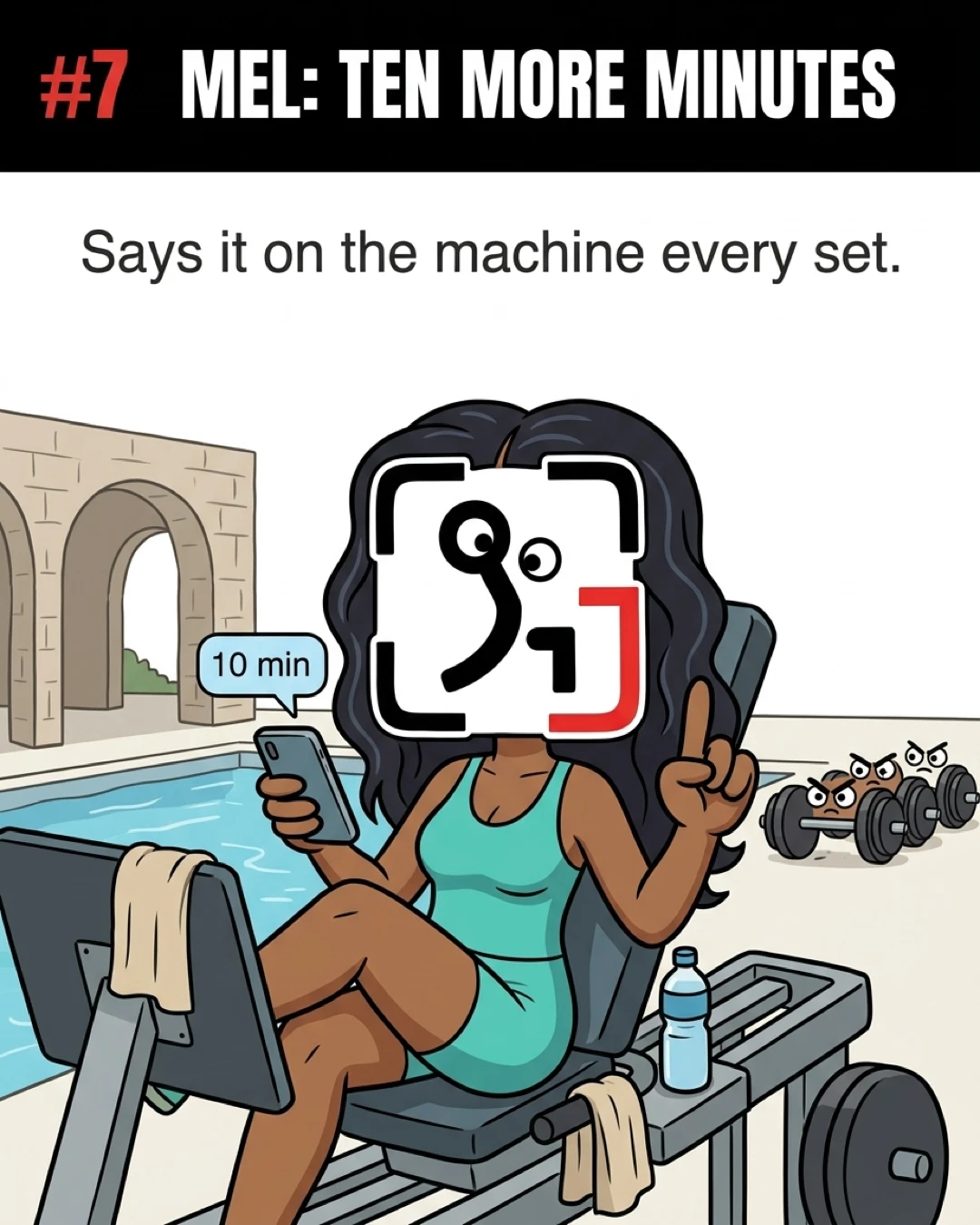 The GainFrame mascot, styled as Mel, sits on a leg press machine poolside while looking at her phone, representing gym-goers who hog equipment while texting.