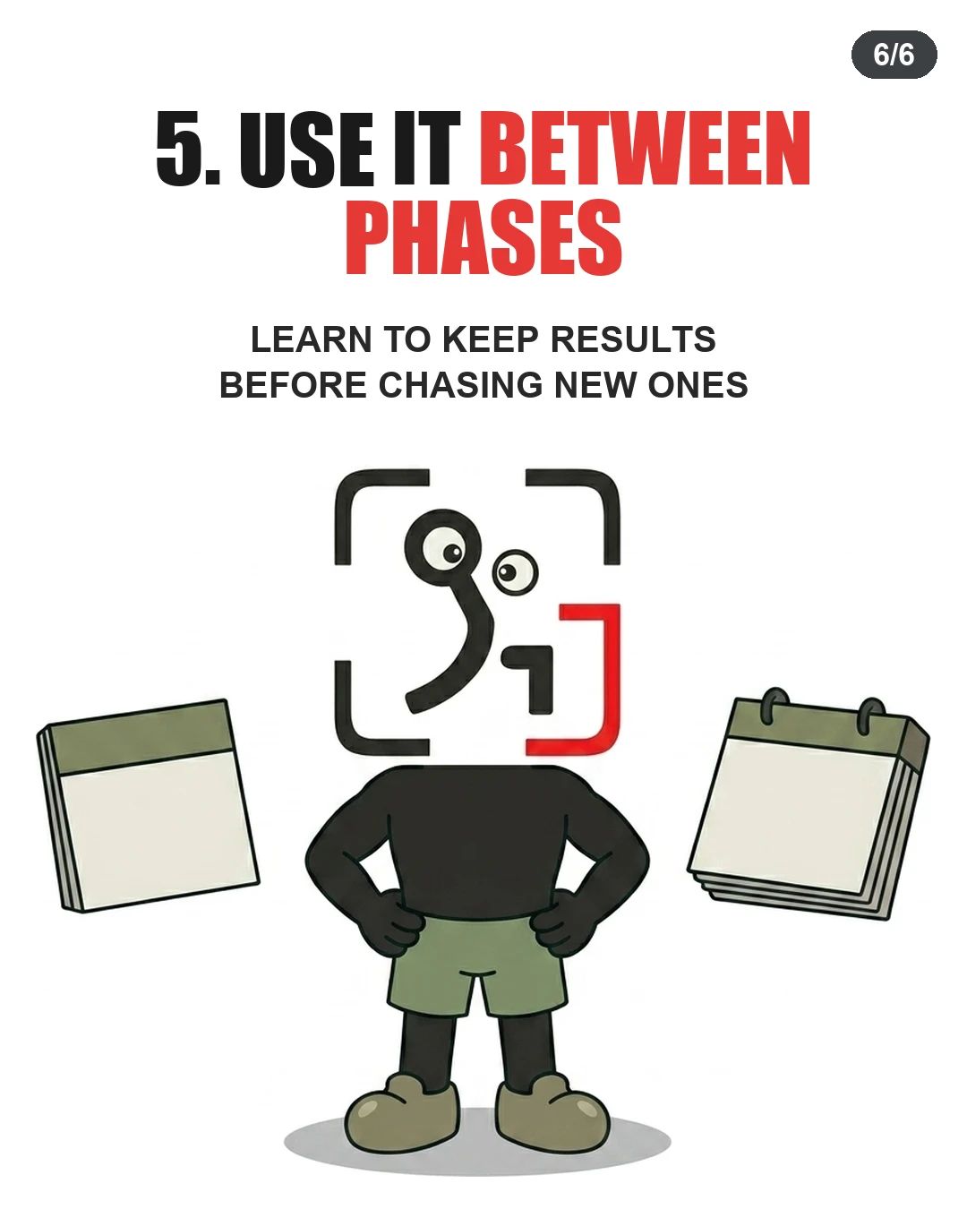 The GainFrame mascot stands with hands on hips between two calendar pads, demonstrating the value of holding a maintenance phase between diet cycles.