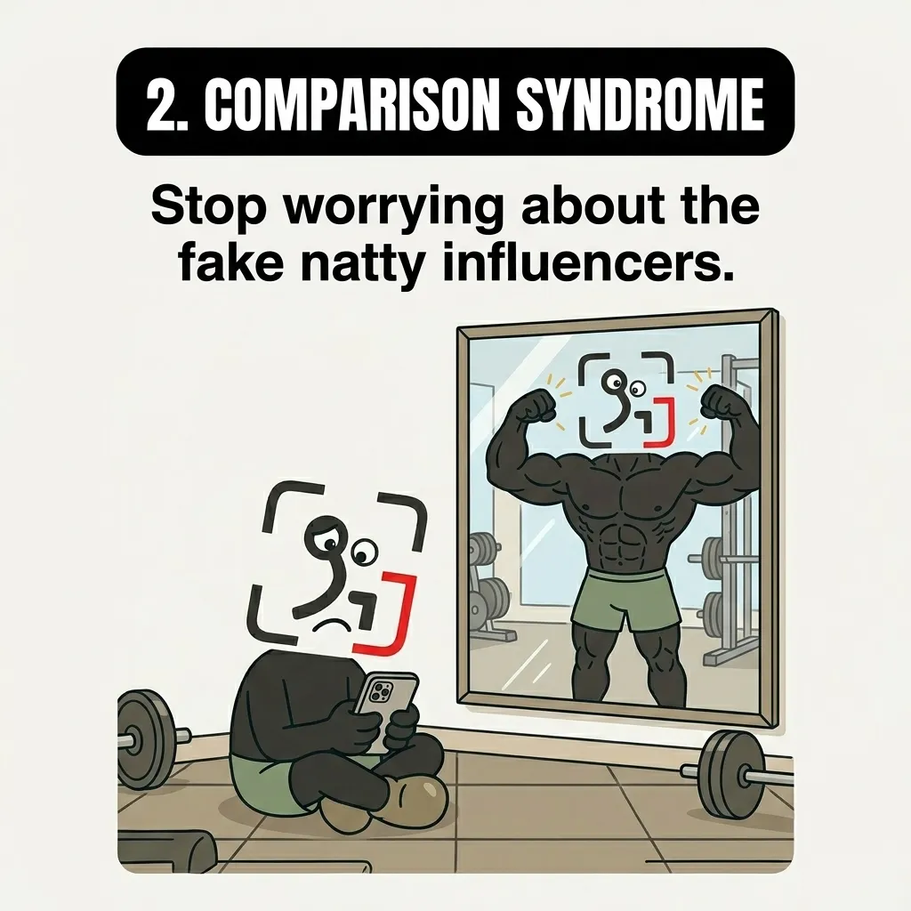 The GainFrame mascot looks sadly at a phone while ignoring their own muscular reflection in the mirror, illustrating comparison syndrome.