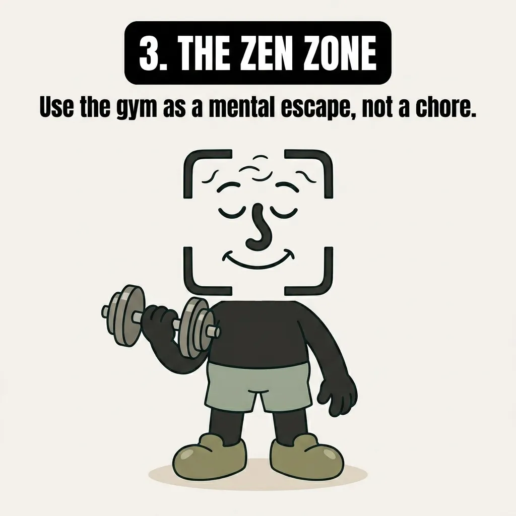 The GainFrame mascot performs a dumbbell curl with a peaceful, smiling expression to show the gym as a mental escape.