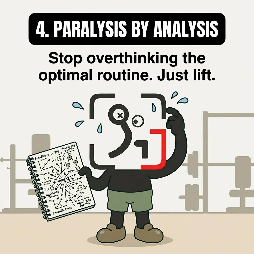 The GainFrame mascot looks confused while holding a notebook filled with complex fitness equations, warning against overthinking.