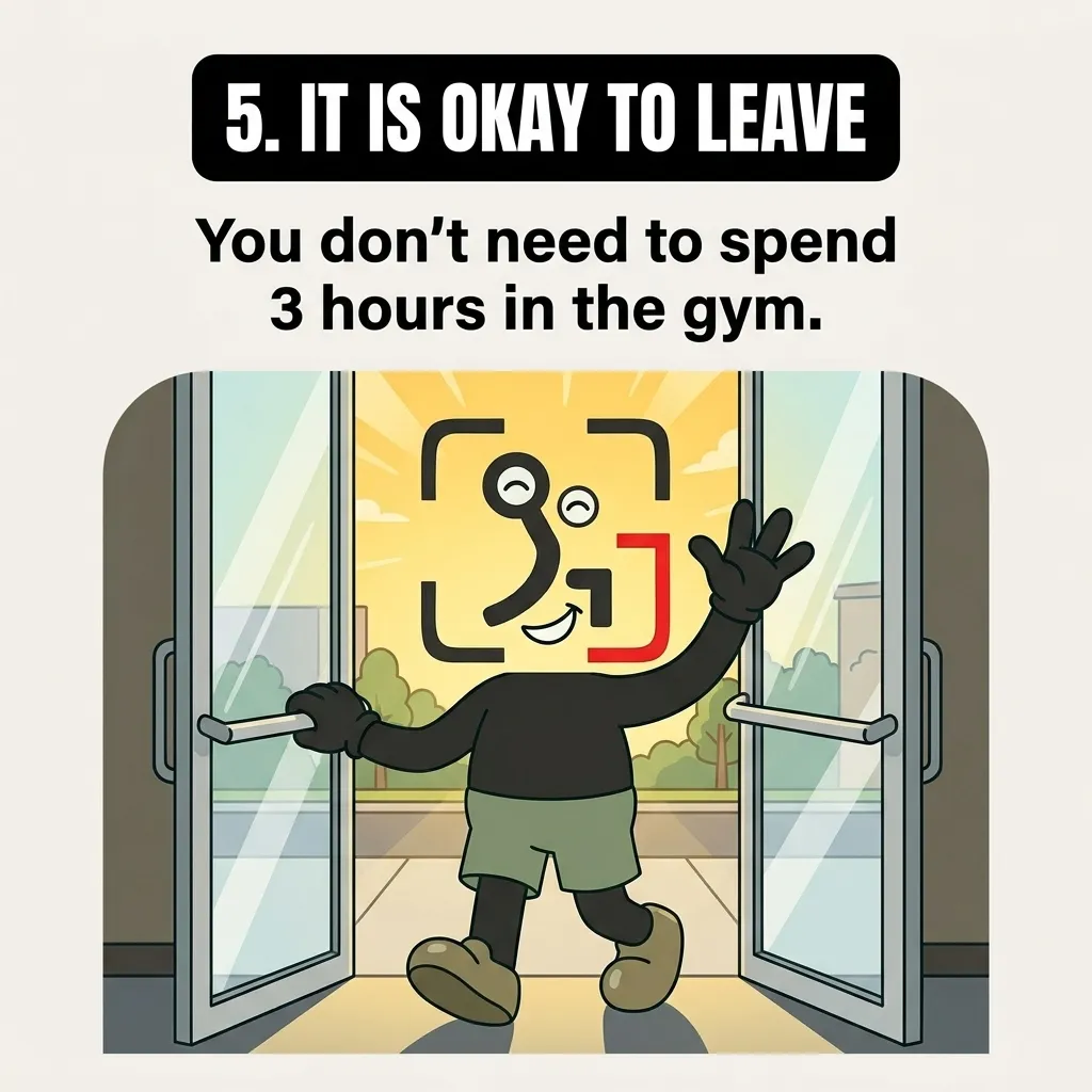 The GainFrame mascot waves happily while exiting the gym doors, showing that short workouts are perfectly fine.