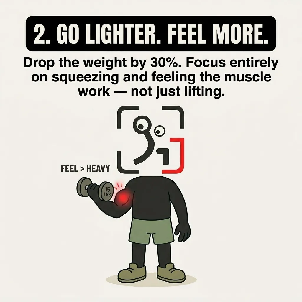 The GainFrame mascot performs a bicep curl with a lighter 15-pound dumbbell, emphasizing that feeling the muscle work is more important than lifting heavy weights.