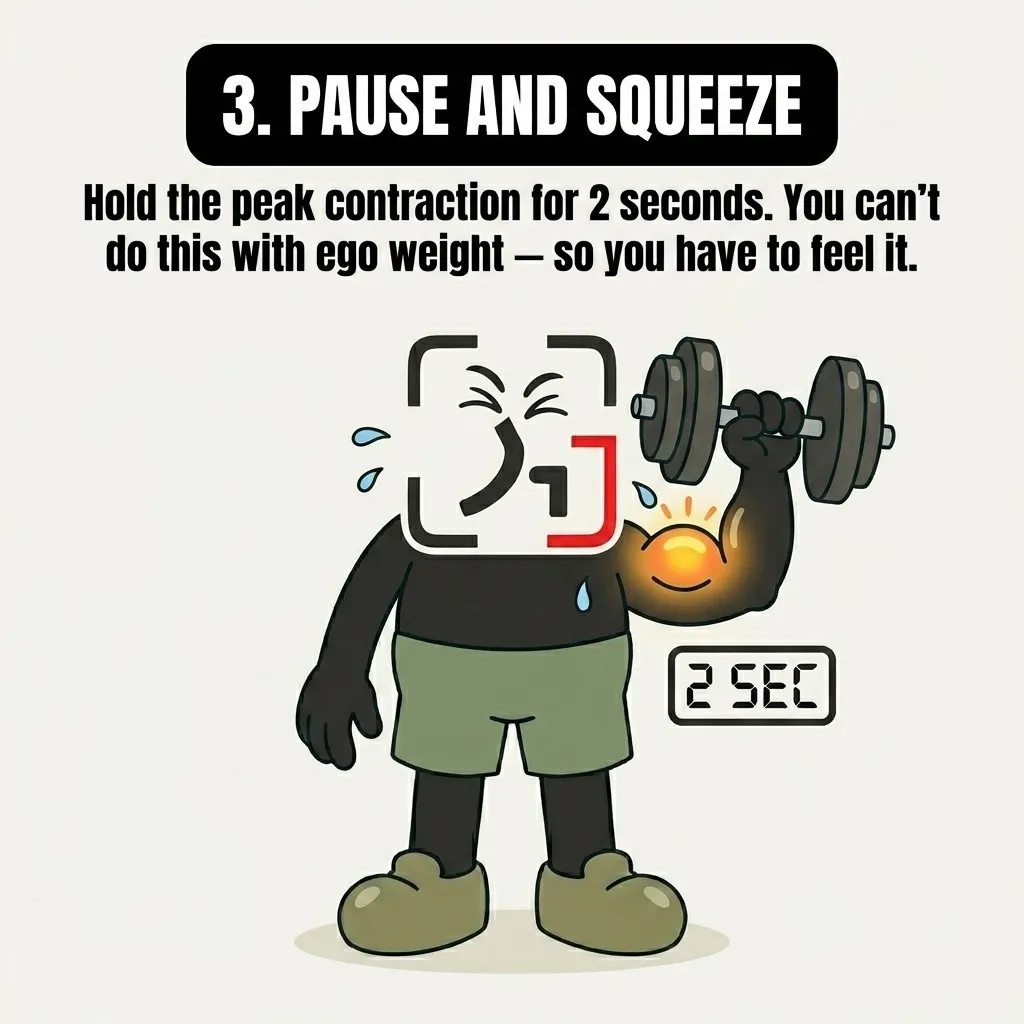 The GainFrame mascot holds a bicep curl at peak contraction for two seconds, showing that pausing and squeezing helps you feel the muscle work.