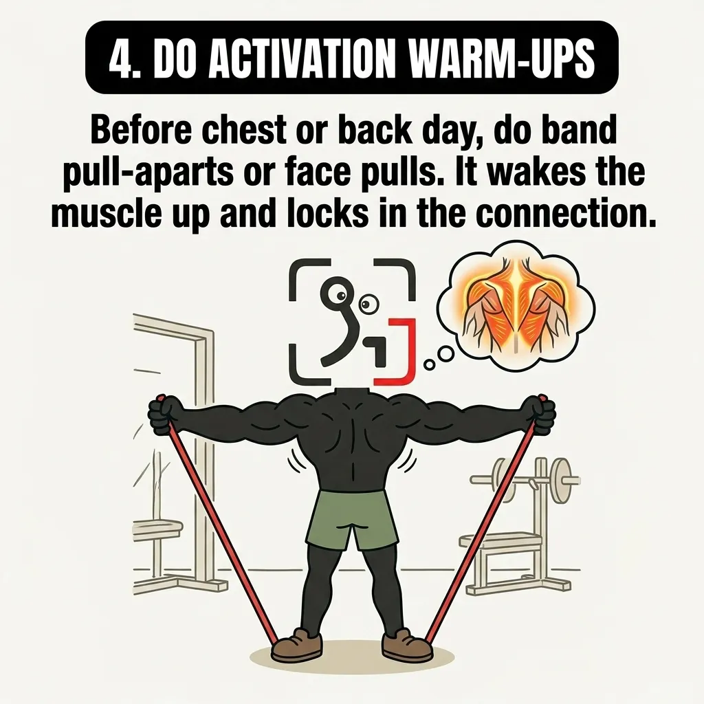 The GainFrame mascot performs band pull-aparts to wake up his back muscles and lock in the mind-muscle connection before a workout.
