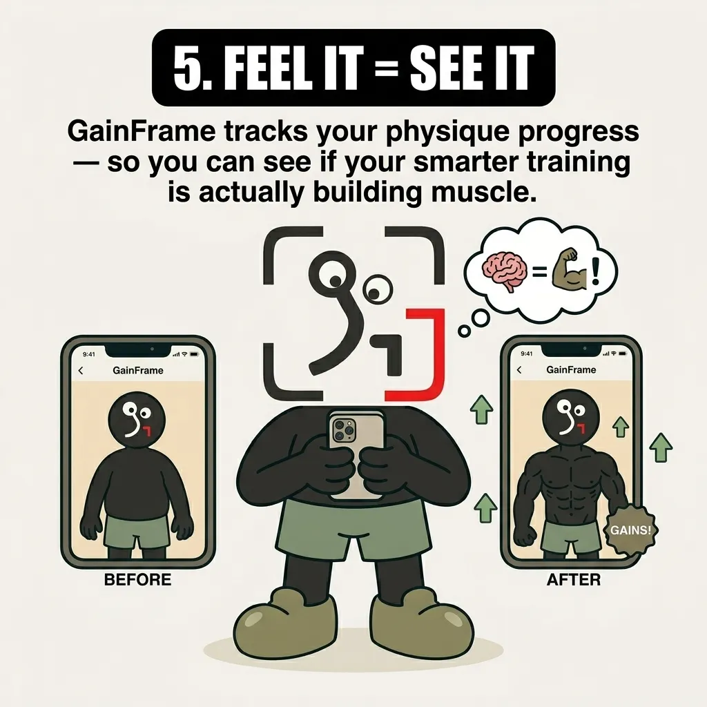 The GainFrame mascot looks at his phone showing a dramatic before-and-after physique transformation, illustrating how tracking progress confirms that smarter training builds muscle.