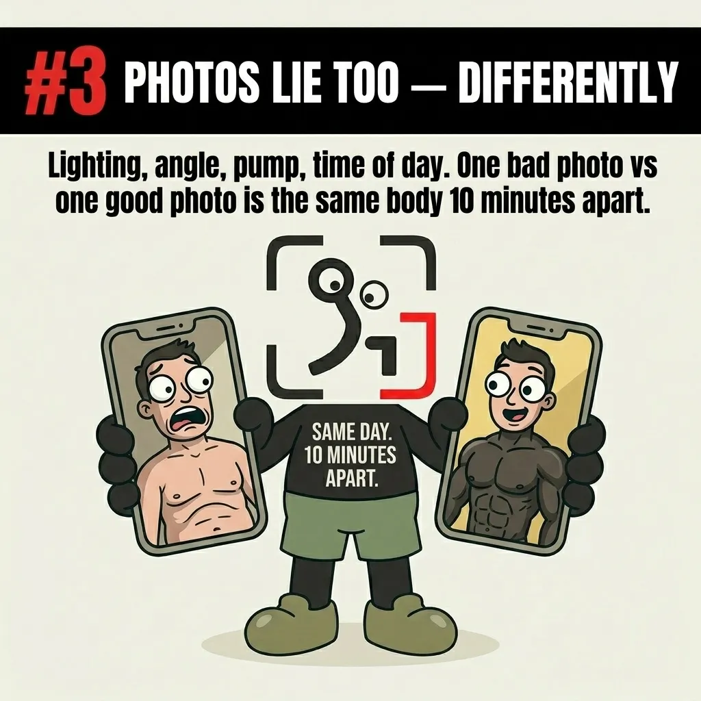 The GainFrame mascot holds up two smartphones showing vastly different photos of the same person taken ten minutes apart, demonstrating how lighting and angles can easily distort how our bodies look.