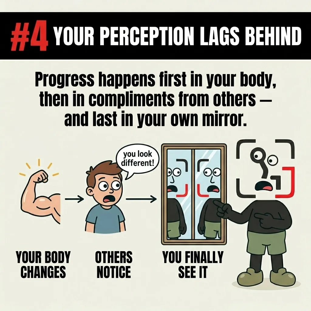 A diagram shows the progression of fitness progress from physical changes to others noticing and finally to self-recognition, with the GainFrame mascot pointing in shock at his own reflection to show that mental perception lags behind physical reality.