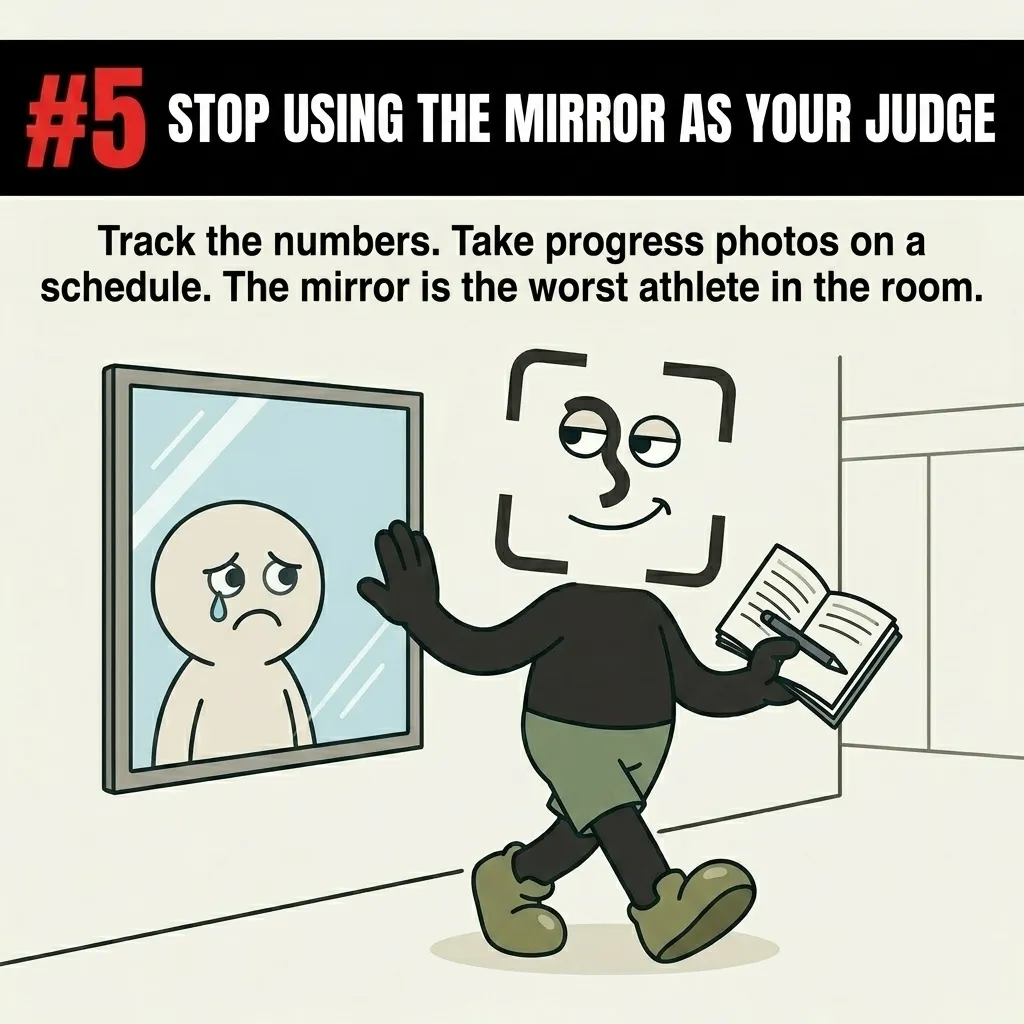 The GainFrame mascot confidently walks away from a mirror showing a crying reflection while holding a progress-tracking notebook, emphasizing that we should rely on objective data rather than mirror reflections to judge our fitness progress.