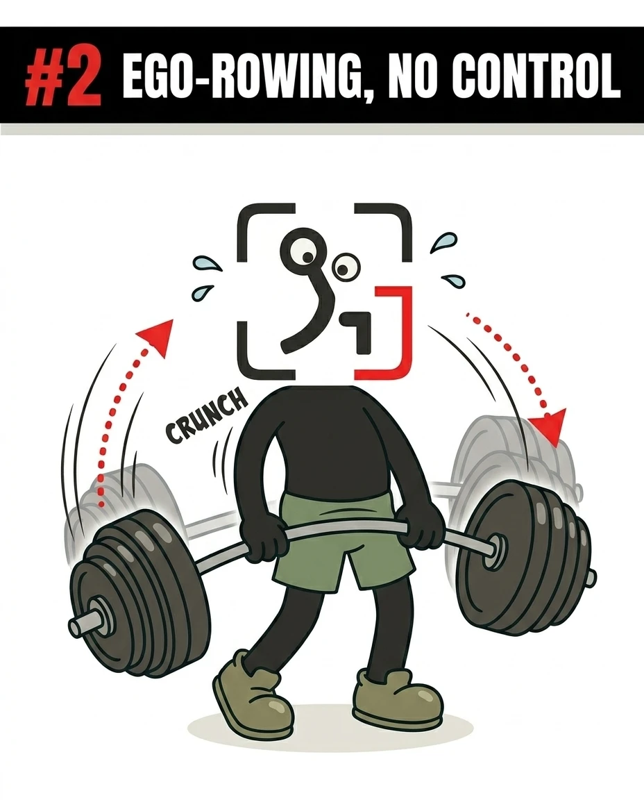 The GainFrame mascot struggles to lift a heavily loaded barbell with poor form, showing how ego-rowing without control can strain the lower back.