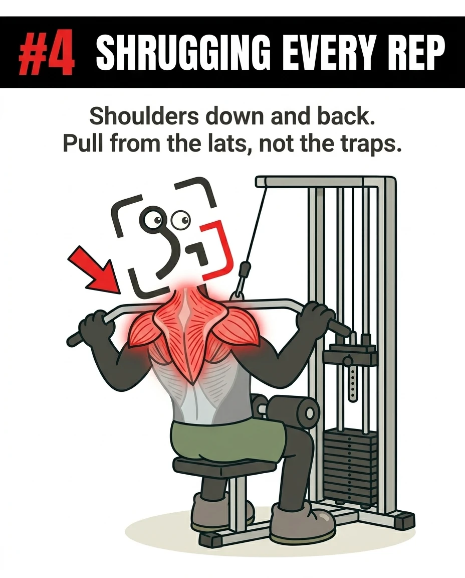 The GainFrame mascot performs a lat pulldown with his upper traps highlighted in red, demonstrating the mistake of shrugging during the movement instead of keeping the shoulders down.