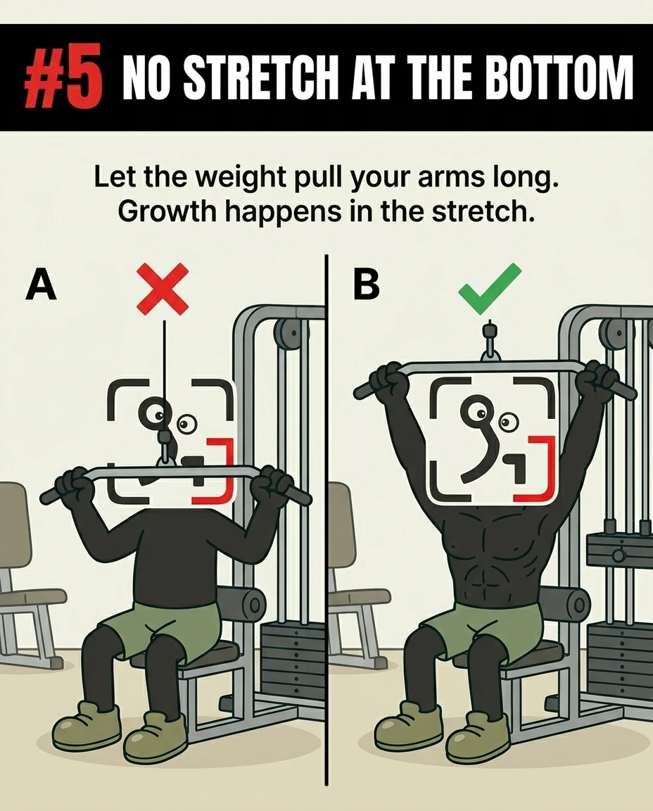 A side-by-side comparison shows the GainFrame mascot stopping short on a lat pulldown versus fully extending his arms at the top to get a complete stretch in the lats.