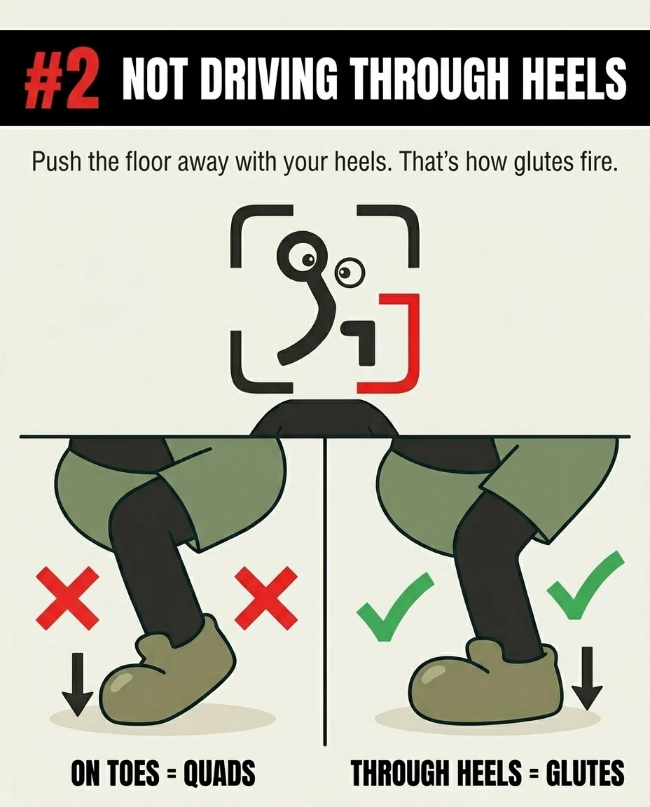 A comparison shows the GainFrame mascot lifting on his toes (incorrect) versus driving through his heels (correct) to properly engage the glutes.