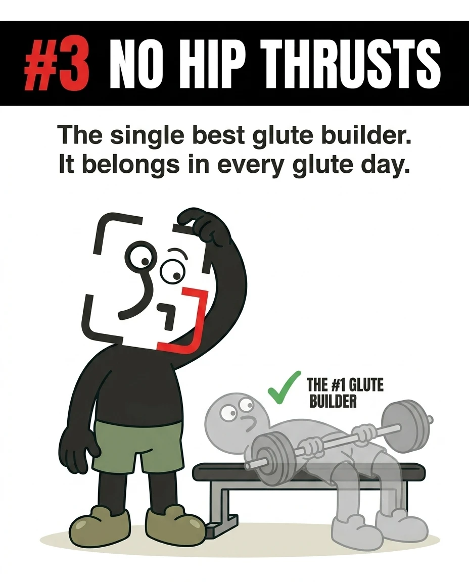 The GainFrame mascot scratches his head next to a transparent figure performing a barbell hip thrust, emphasizing it as the ultimate glute exercise.