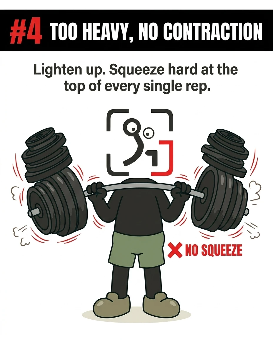 The GainFrame mascot struggles to hold an excessively heavy, bending barbell without squeezing his glutes, warning against lifting too heavy.