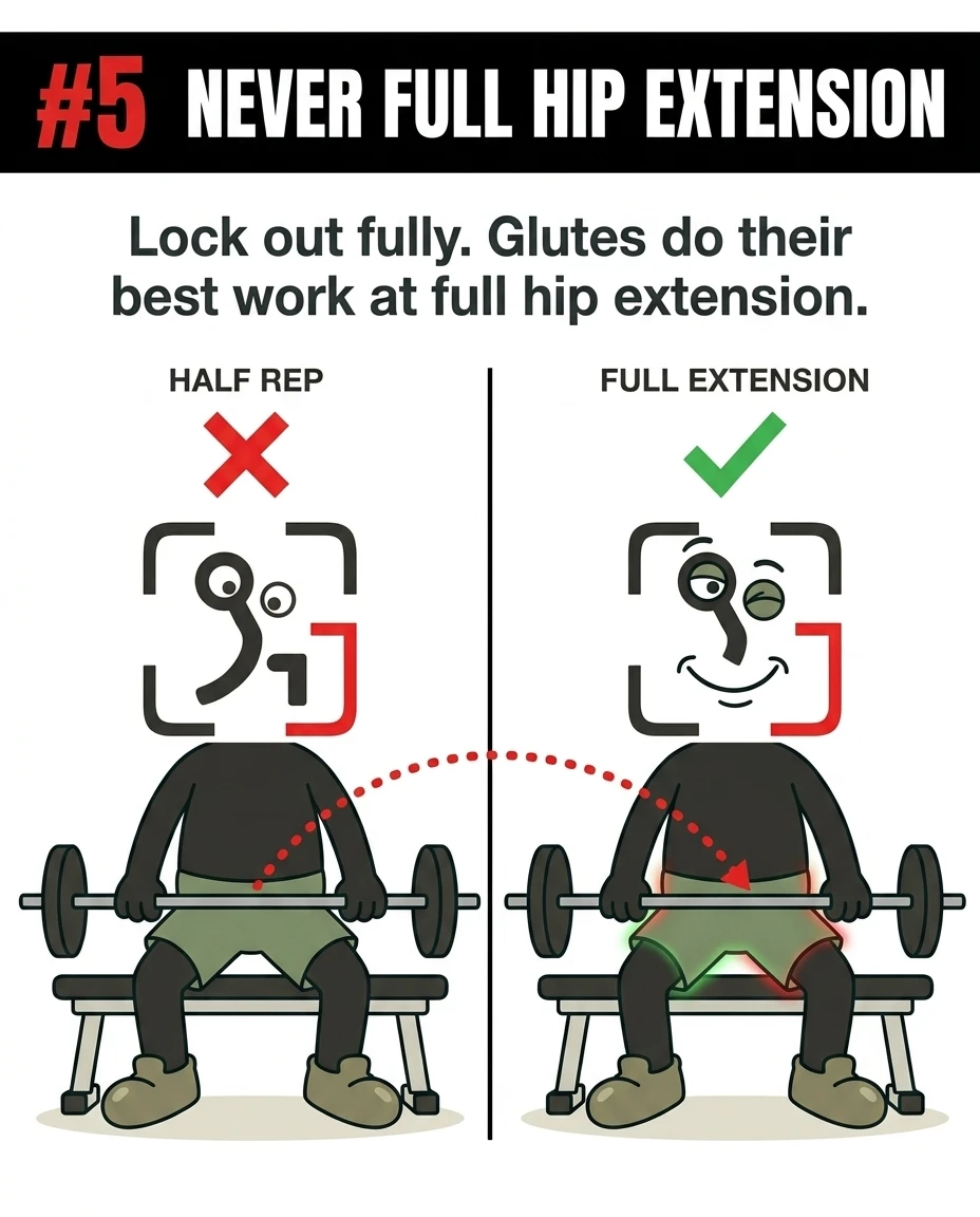 A side-by-side comparison shows the GainFrame mascot doing a half rep versus achieving full hip extension to maximize glute activation.