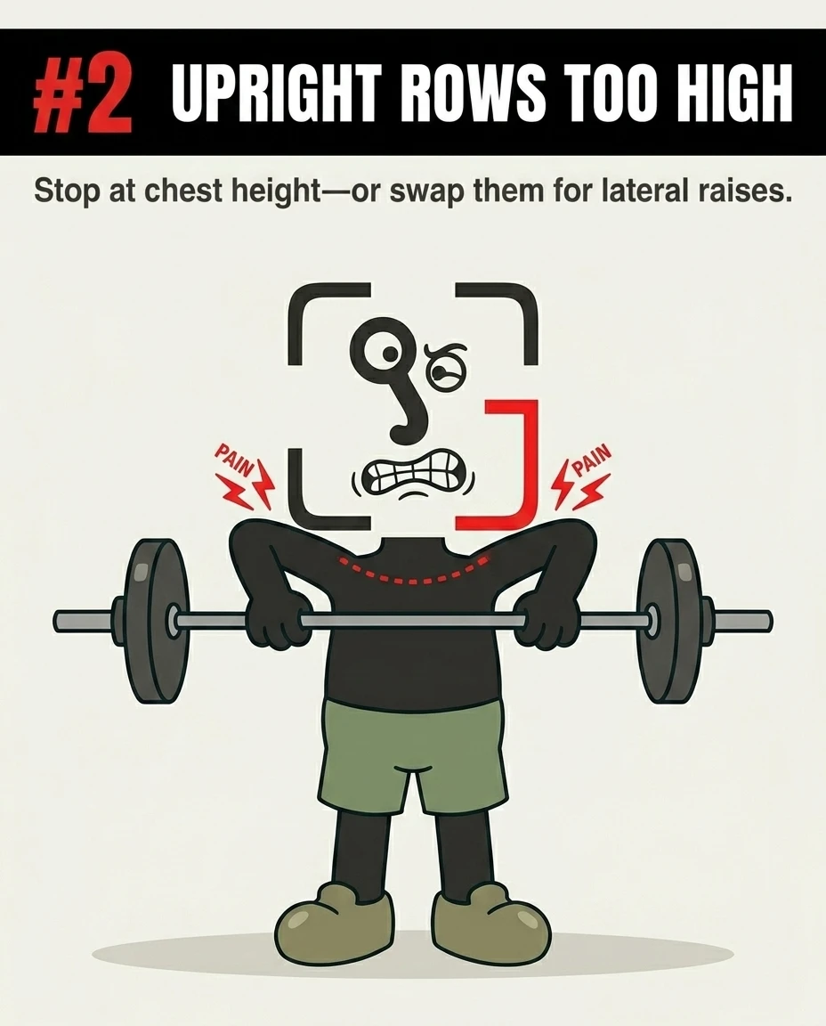 The GainFrame mascot winces in pain while pulling a barbell too high during an upright row, highlighting the risk of shoulder impingement.