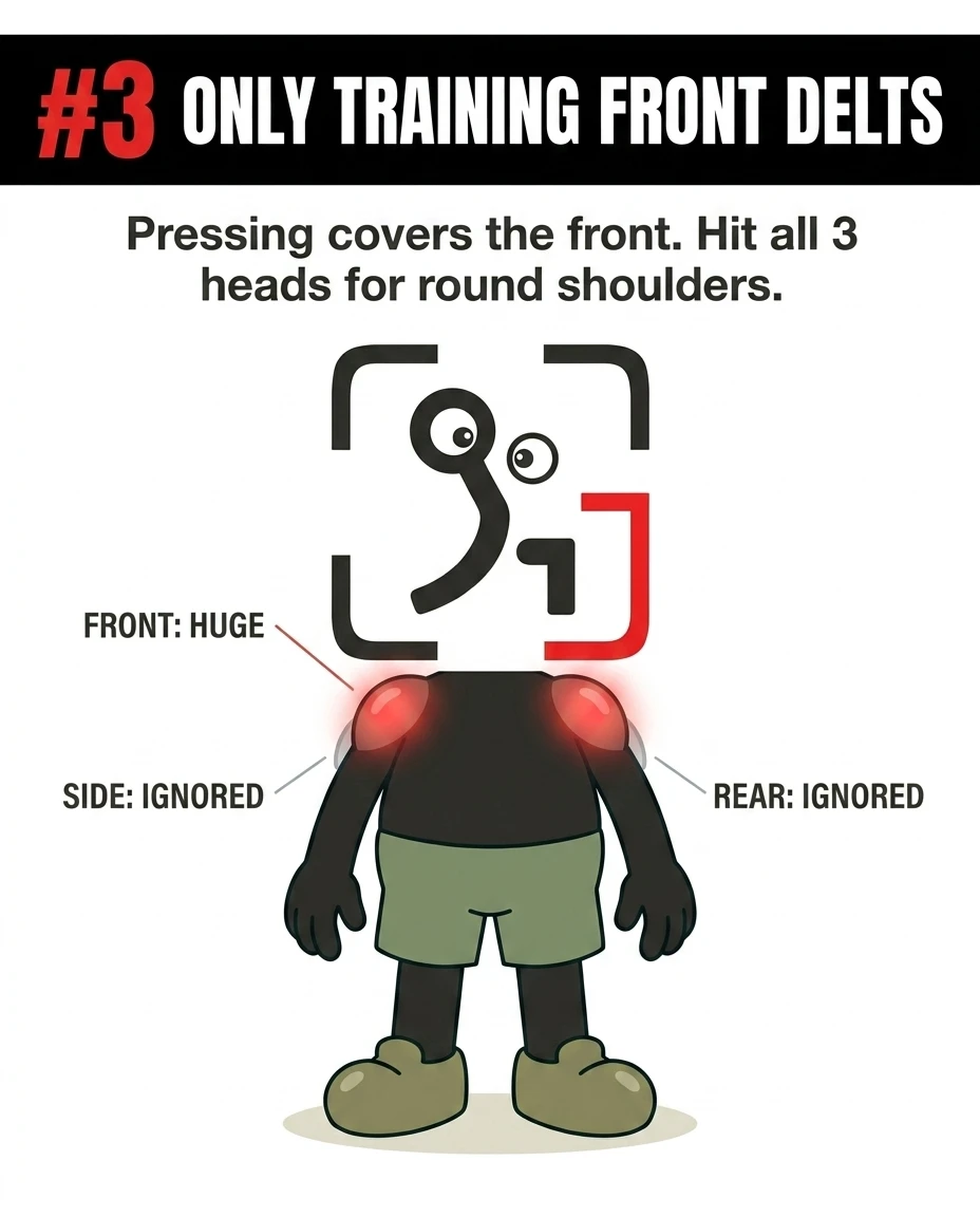 The GainFrame mascot stands with disproportionately large front delts highlighted in red, while the side and rear delts are labeled as ignored, showing the imbalance of only training the front of the shoulders.