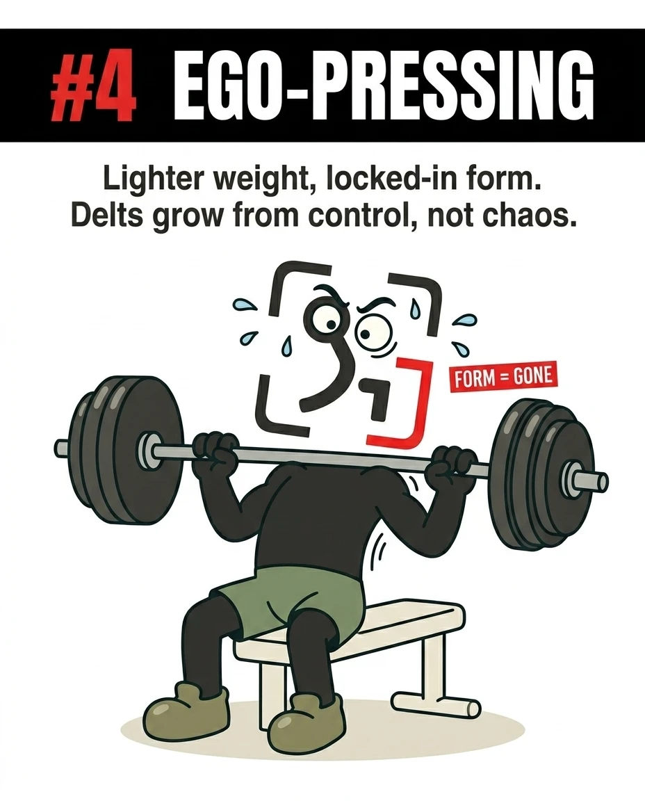 The GainFrame mascot struggles and sweats while attempting to lift an excessively heavy barbell on a bench press, warning against using too much weight at the expense of proper form.