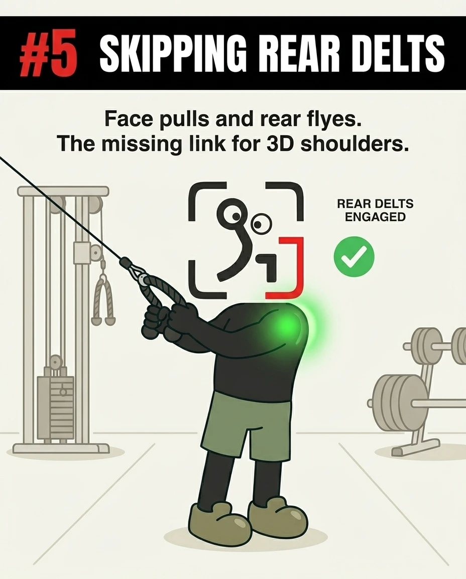The GainFrame mascot performs a face pull with a cable machine, highlighting the rear delts in green with a checkmark to show the correct way to build balanced shoulders.