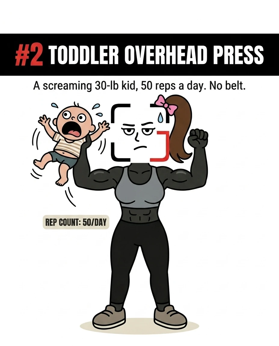 The muscular GainFrame mascot easily lifts a crying toddler overhead with one arm, highlighting the daily physical demands of parenting.