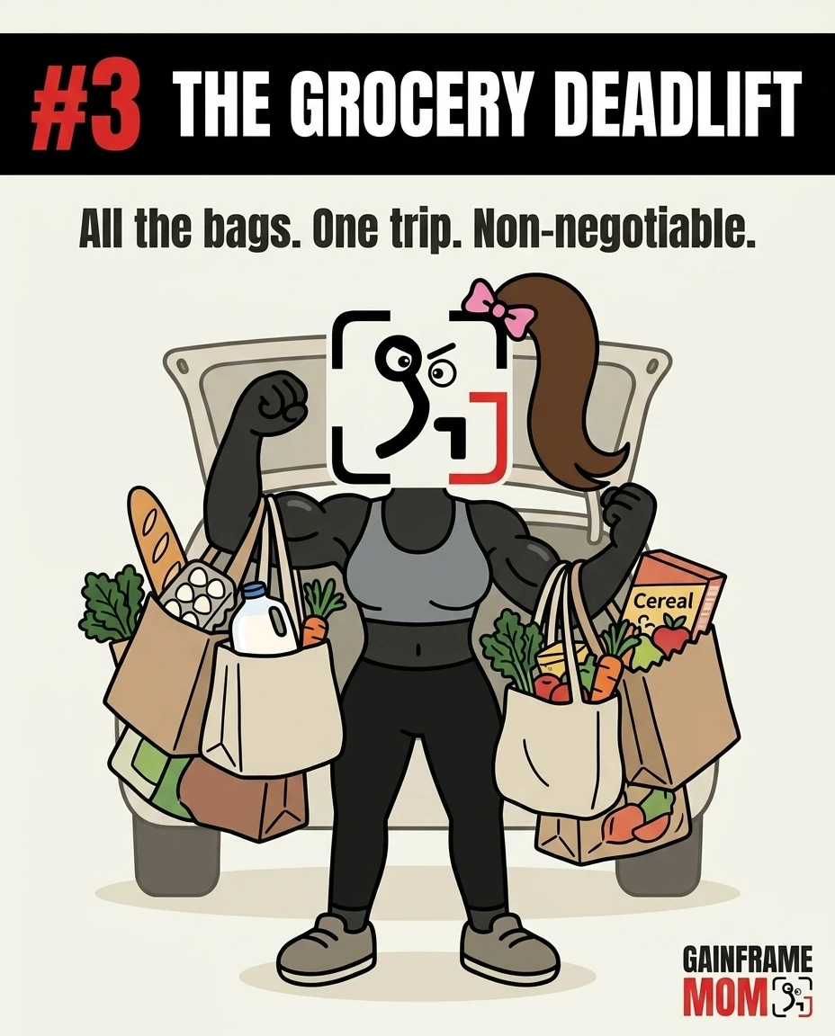 The muscular GainFrame mascot carries a massive load of grocery bags in a single trip from her car trunk, demonstrating functional strength.